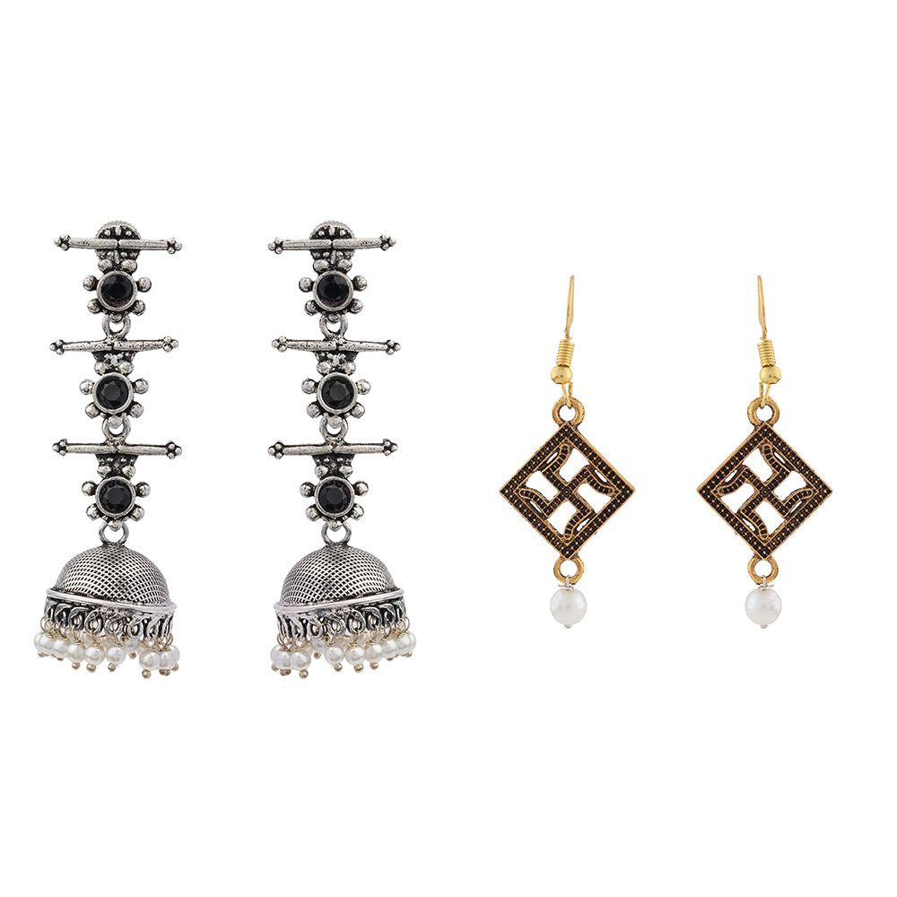 Royal Triple Bell Layered Jhumka Earring (Black) Swastik shaped dangler earrings Combo set
