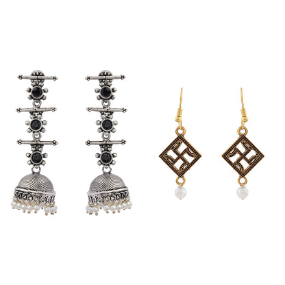 Royal Triple Bell Layered Jhumka Earring (Black) Swastik shaped dangler earrings Combo set