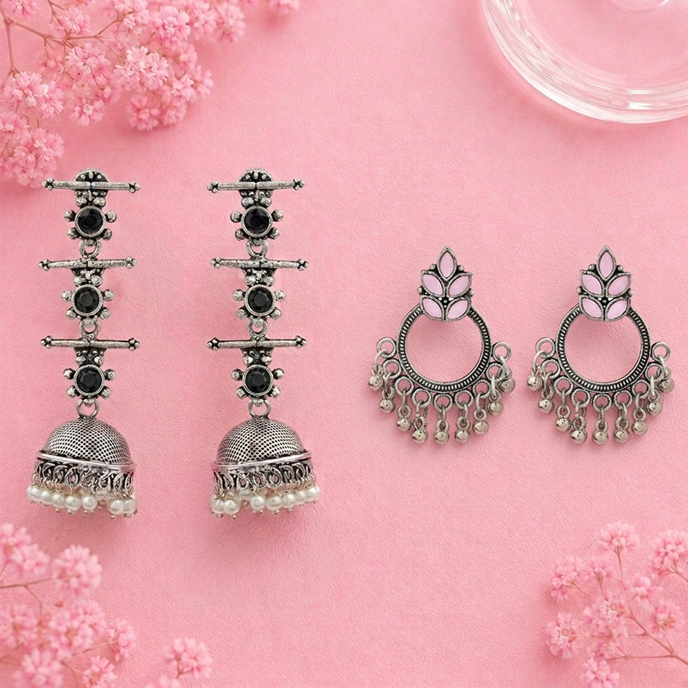Royal Triple Bell Layered Jhumka Earring (Black) Fine Shine stud earrings (Baby Pink) Combo set