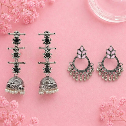 Royal Triple Bell Layered Jhumka Earring (Black) Fine Shine stud earrings (Baby Pink) Combo set