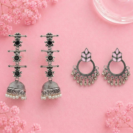 Royal Triple Bell Layered Jhumka Earring (Black) Fine Shine stud earrings (Baby Pink) Combo set
