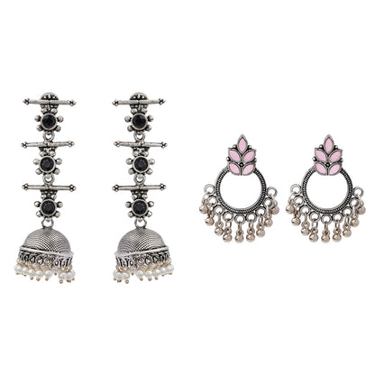Royal Triple Bell Layered Jhumka Earring (Black) Fine Shine stud earrings (Baby Pink) Combo set