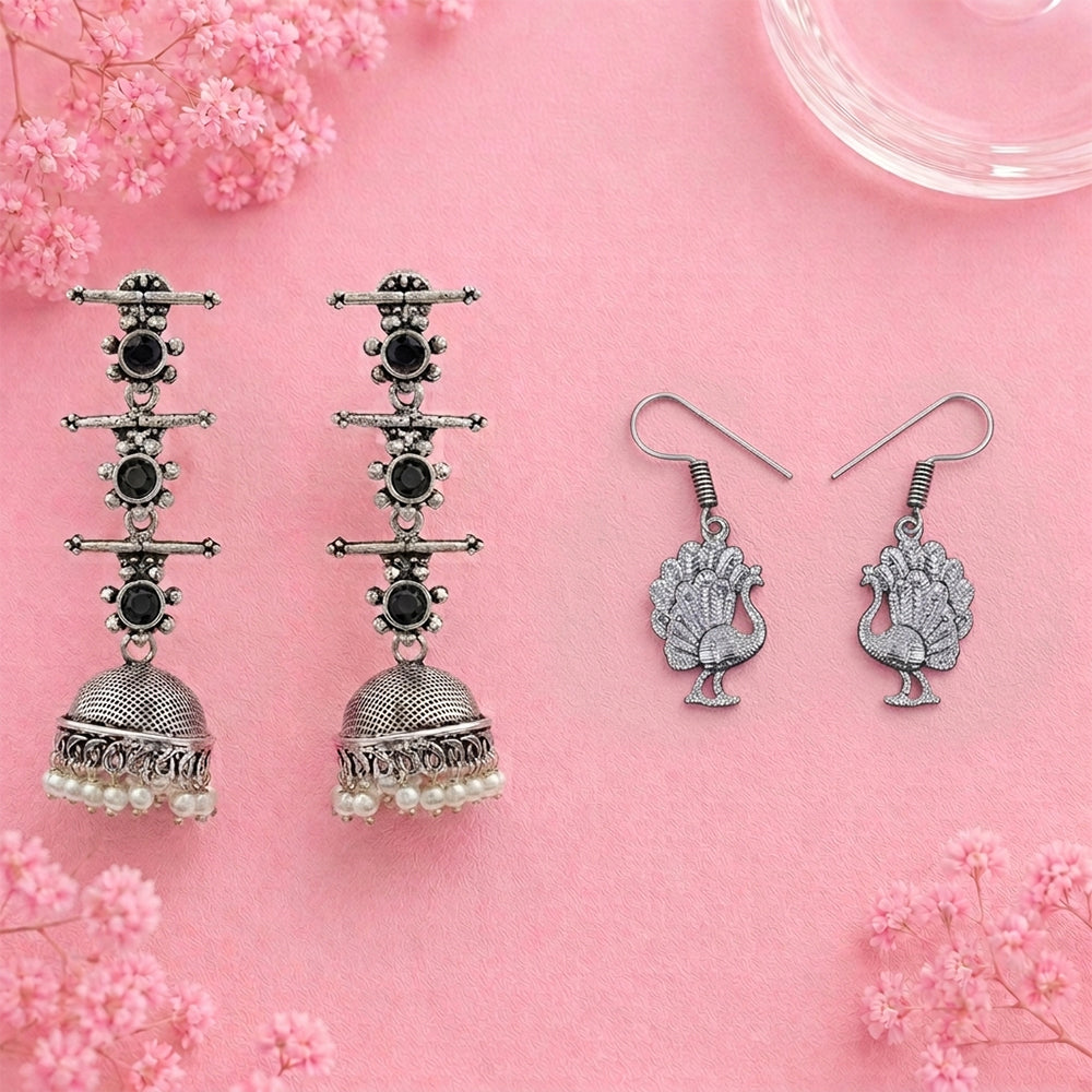 Royal Triple Bell Layered Jhumka Earring (Black) Peacock royale dangler earrings (Silver) Combo set