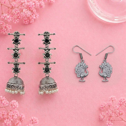Royal Triple Bell Layered Jhumka Earring (Black) Peacock royale dangler earrings (Silver) Combo set