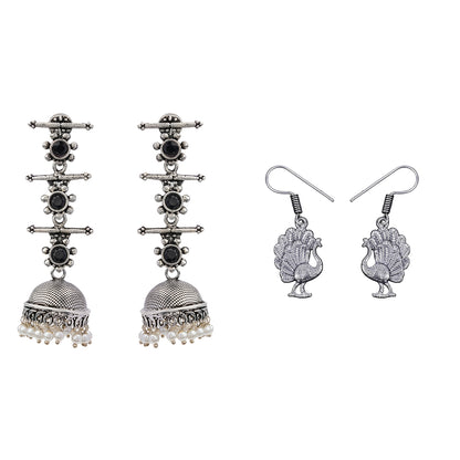 Royal Triple Bell Layered Jhumka Earring (Black) Peacock royale dangler earrings (Silver) Combo set