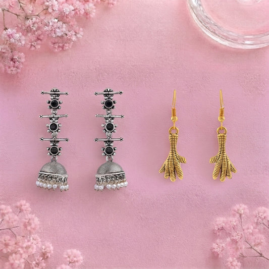 Royal Triple Bell Layered Jhumka Earring (Black) Talon twist dangler earrings Combo set