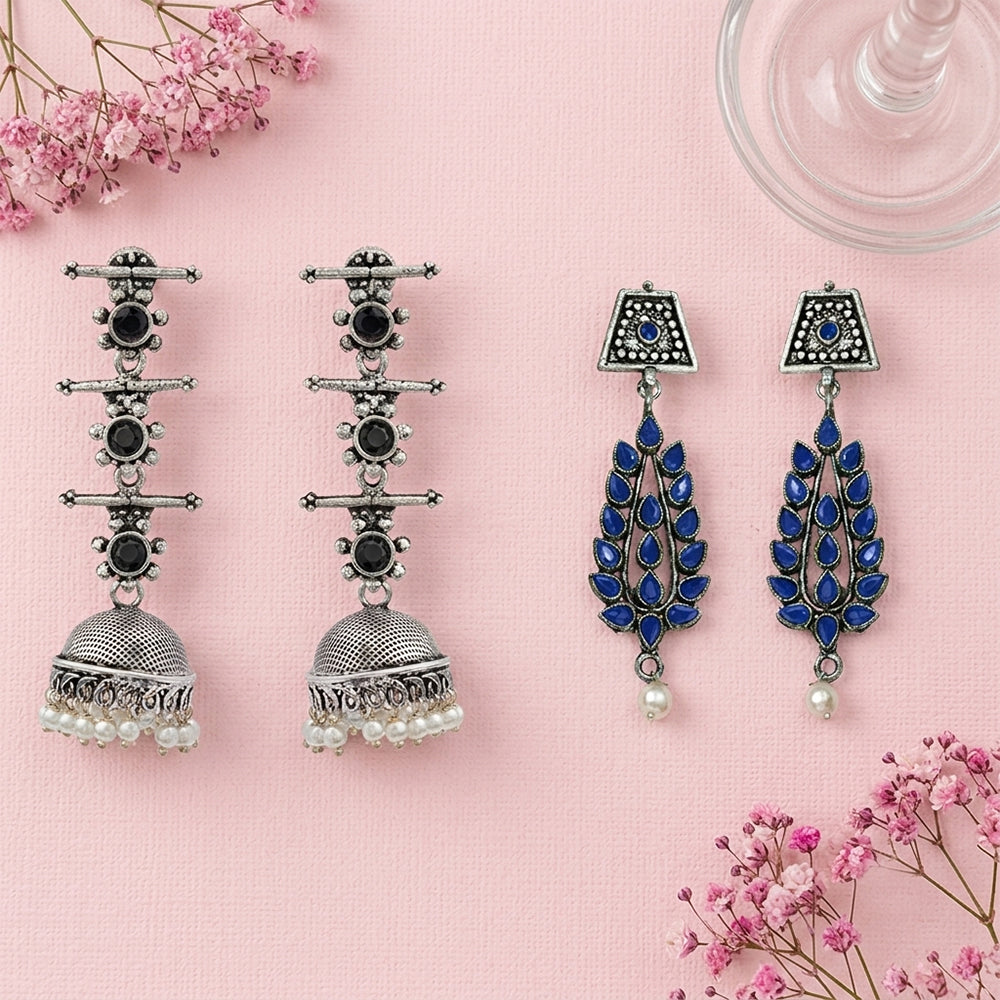 Royal Triple Bell Layered Jhumka Earring (Black) Precious Petal stone studded dangler earring (Blue) Combo set