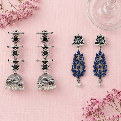 Royal Triple Bell Layered Jhumka Earring (Black) Precious Petal stone studded dangler earring (Blue) Combo set