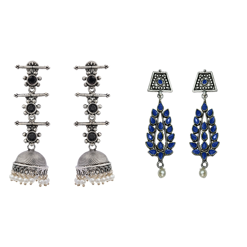Royal Triple Bell Layered Jhumka Earring (Black) Precious Petal stone studded dangler earring (Blue) Combo set