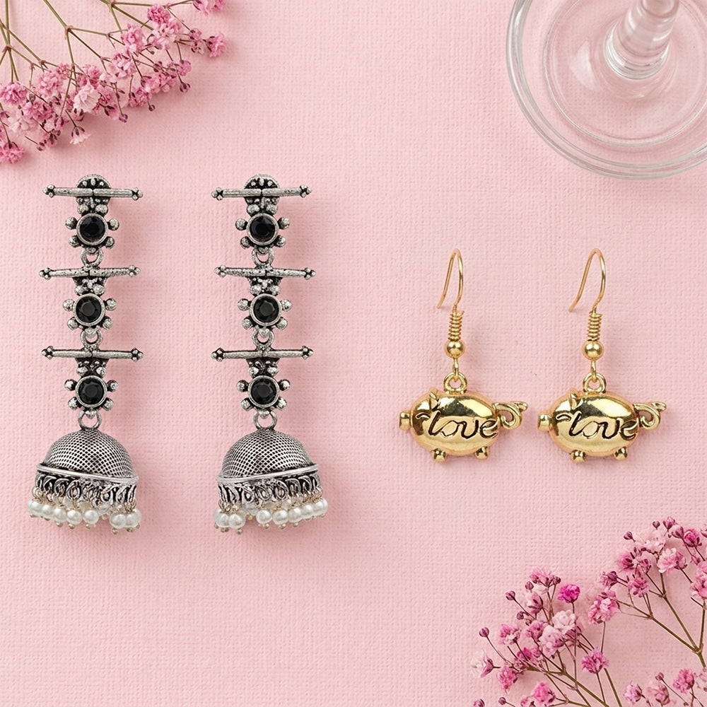 Royal Triple Bell Layered Jhumka Earring (Black) Treasure oink dangler earrings Combo set