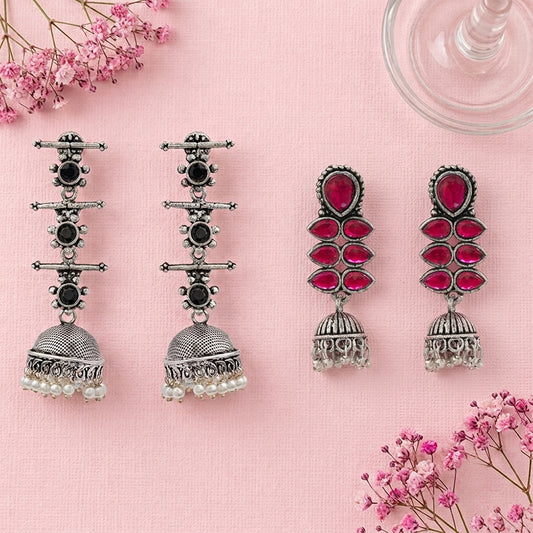 Royal Triple Bell Layered Jhumka Earring (Black) Dazzle Dash Jhumki earring (Red) Combo set