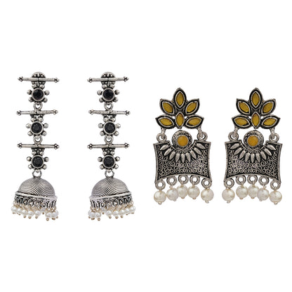 Royal Triple Bell Layered Jhumka Earring (Black) Flora-Aura stone studded dangler earrings (Yellow) Combo set