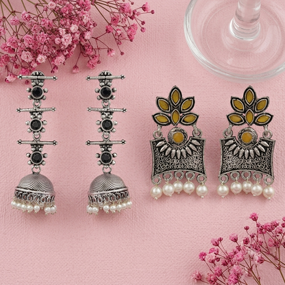Royal Triple Bell Layered Jhumka Earring (Black) Flora-Aura stone studded dangler earrings (Yellow) Combo set