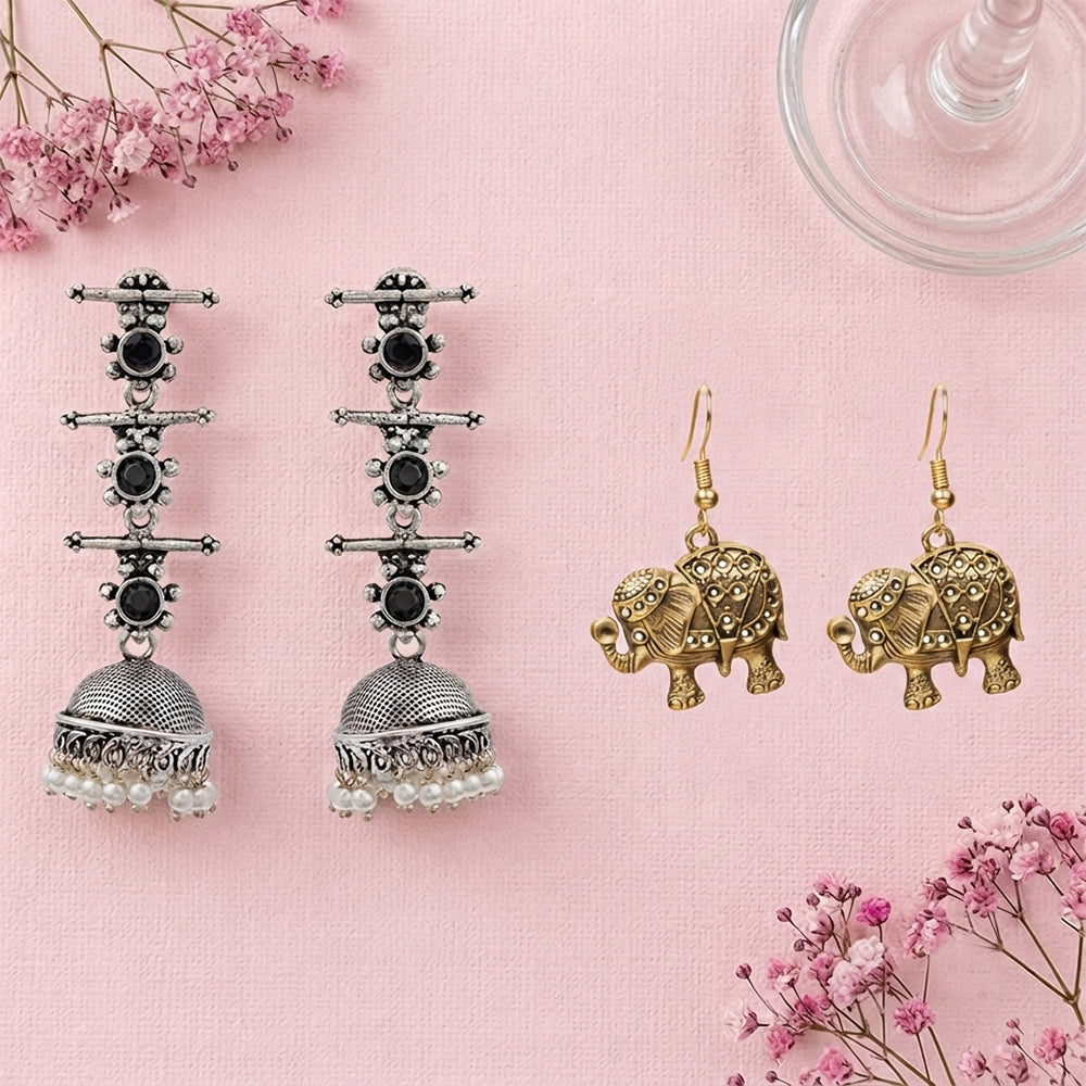 Royal Triple Bell Layered Jhumka Earring (Black) Trunk twist dangler earrings Combo set