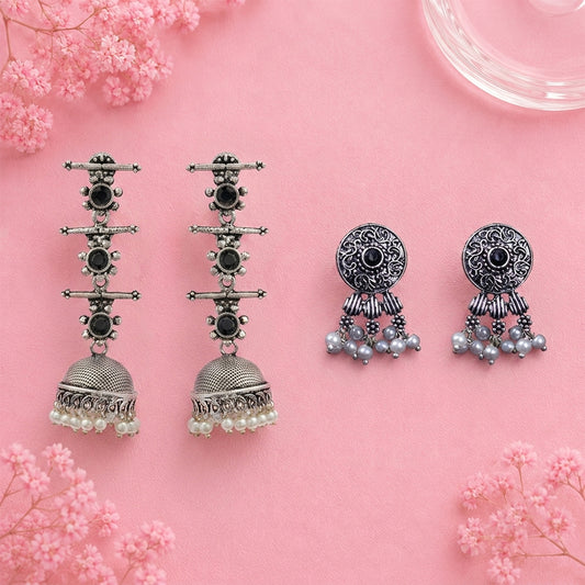 Royal Triple Bell Layered Jhumka Earring (Black) Button rays stud earring (Black) Combo set