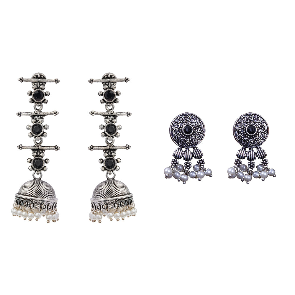Royal Triple Bell Layered Jhumka Earring (Black) Button rays stud earring (Black) Combo set