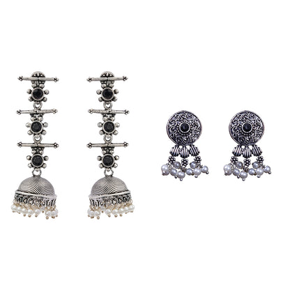 Royal Triple Bell Layered Jhumka Earring (Black) Button rays stud earring (Black) Combo set