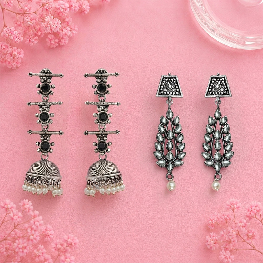 Royal Triple Bell Layered Jhumka Earring (Black) Precious Petal stone studded dangler earring (White) Combo set