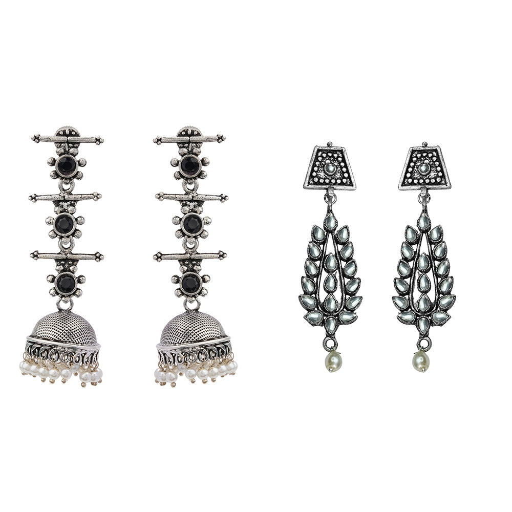 Royal Triple Bell Layered Jhumka Earring (Black) Precious Petal stone studded dangler earring (White) Combo set
