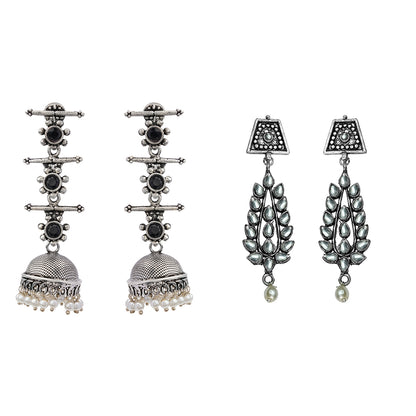 Royal Triple Bell Layered Jhumka Earring (Black) Precious Petal stone studded dangler earring (White) Combo set