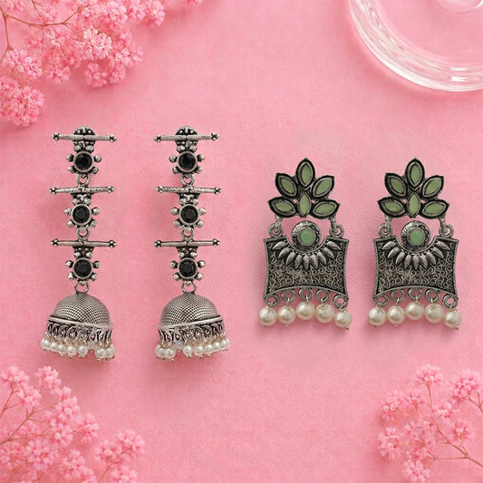 Royal Triple Bell Layered Jhumka Earring (Black) Flora-Aura stone studded dangler earrings (Pista) Combo set