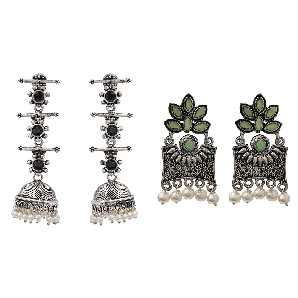 Royal Triple Bell Layered Jhumka Earring (Black) Flora-Aura stone studded dangler earrings (Pista) Combo set