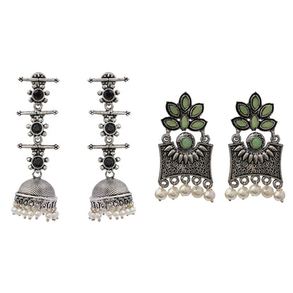 Royal Triple Bell Layered Jhumka Earring (Black) Flora-Aura stone studded dangler earrings (Pista) Combo set