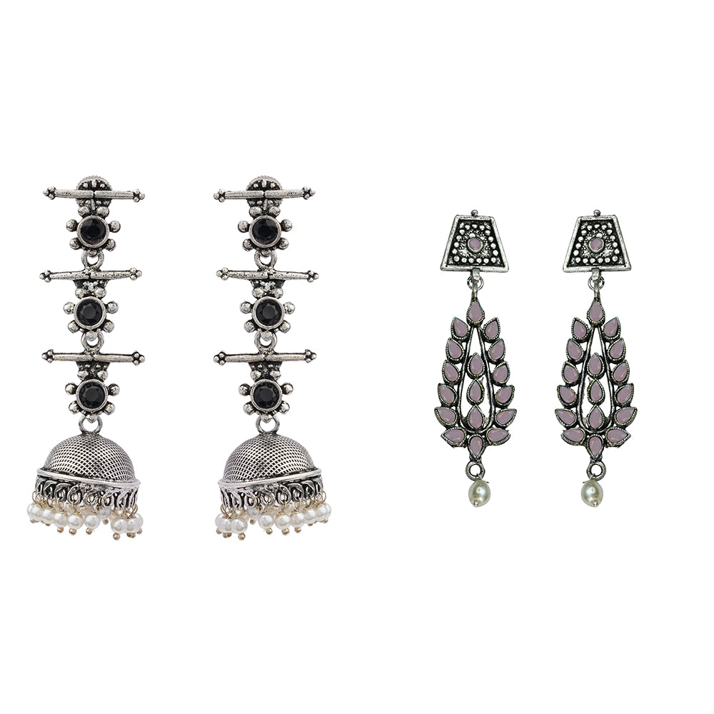 Royal Triple Bell Layered Jhumka Earring (Black) Precious Petal stone studded dangler earring (Baby Pink) Combo set