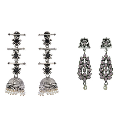 Royal Triple Bell Layered Jhumka Earring (Black) Precious Petal stone studded dangler earring (Baby Pink) Combo set