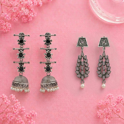 Royal Triple Bell Layered Jhumka Earring (Black) Precious Petal stone studded dangler earring (Baby Pink) Combo set