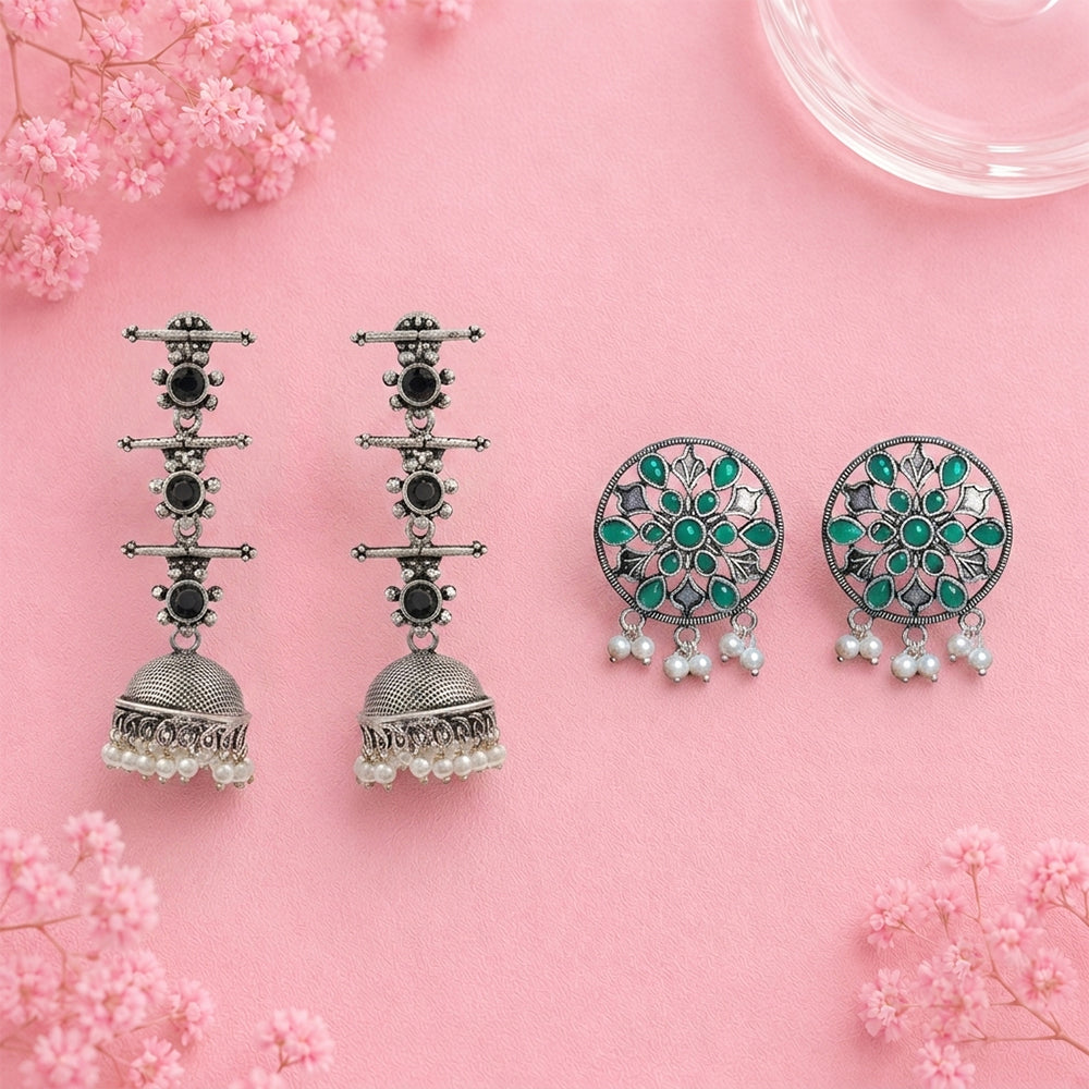 Royal Triple Bell Layered Jhumka Earring (Black) Glass drops Dangler Earrings (Green) Combo set