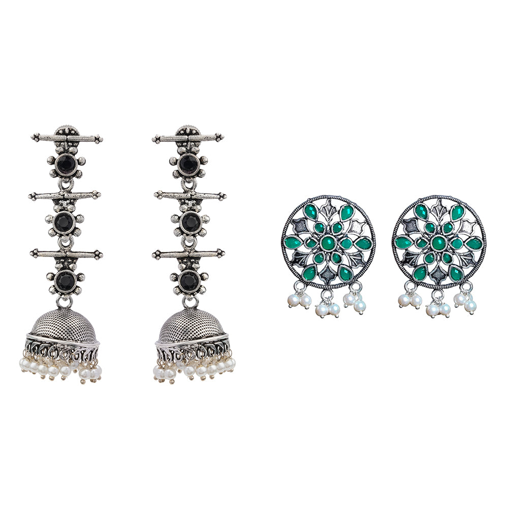 Royal Triple Bell Layered Jhumka Earring (Black) Glass drops Dangler Earrings (Green) Combo set