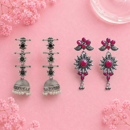 Royal Triple Bell Layered Jhumka Earring (Black) Kalash Kamal earring (White) Combo set