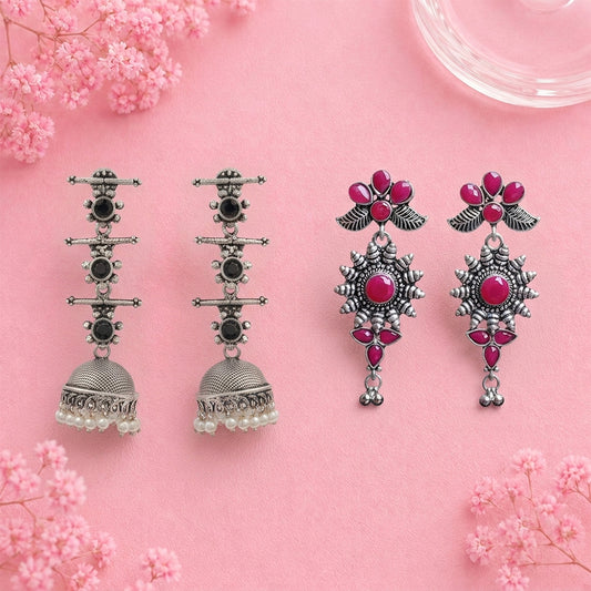 Royal Triple Bell Layered Jhumka Earring (Black) FloraSun dangler earrings (Red) Combo set