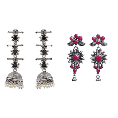 Royal Triple Bell Layered Jhumka Earring (Black) Kalash Kamal earring (White) Combo set