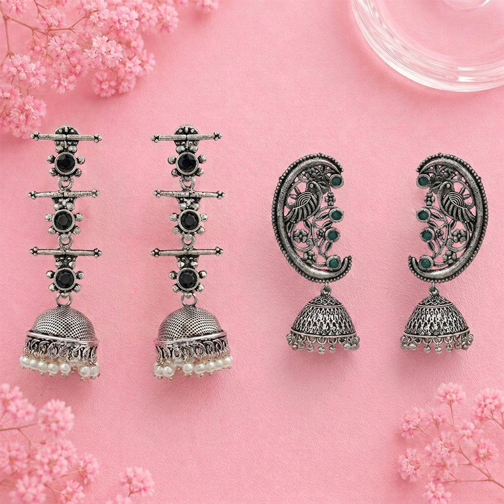 Royal Triple Bell Layered Jhumka Earring (Black) Moon-lit Mayur Jhumki earrings (Green) Combo set