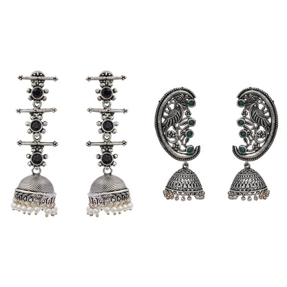 Royal Triple Bell Layered Jhumka Earring (Black) Moon-lit Mayur Jhumki earrings (Green) Combo set