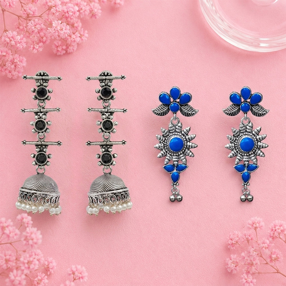 Royal Triple Bell Layered Jhumka Earring (Black) FloraSun dangler earrings (Blue) Combo set