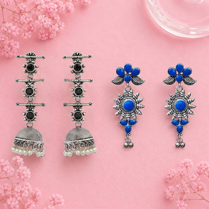 Royal Triple Bell Layered Jhumka Earring (Black) FloraSun dangler earrings (Blue) Combo set