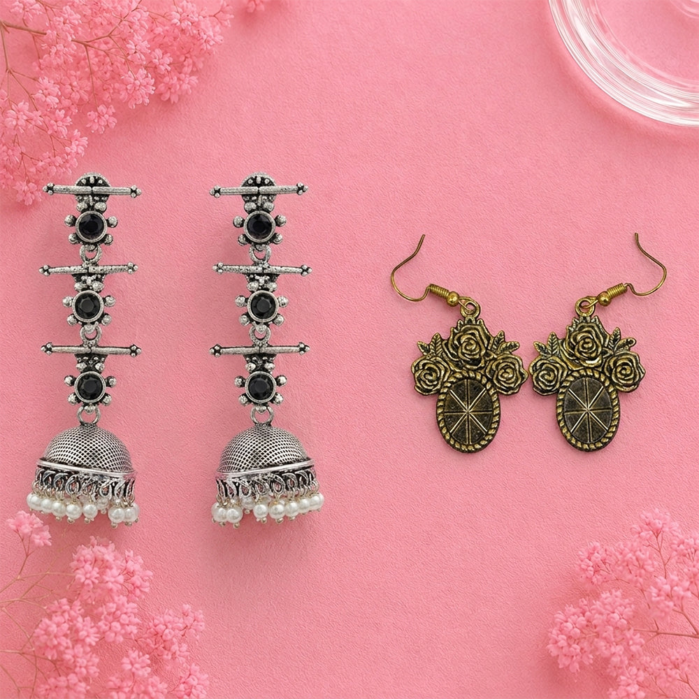 Royal Triple Bell Layered Jhumka Earring (Black) Vintage Oval Flower Shaped Golden Polished Oxidised Danglers Combo set