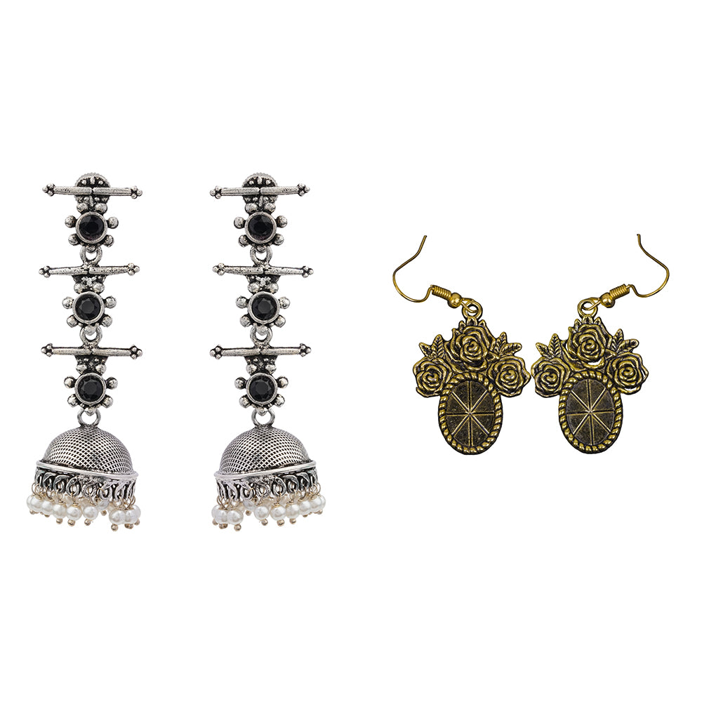 Royal Triple Bell Layered Jhumka Earring (Black) Vintage Oval Flower Shaped Golden Polished Oxidised Danglers Combo set
