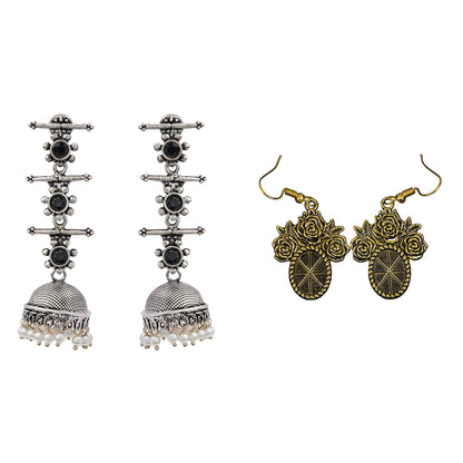 Royal Triple Bell Layered Jhumka Earring (Black) Vintage Oval Flower Shaped Golden Polished Oxidised Danglers Combo set