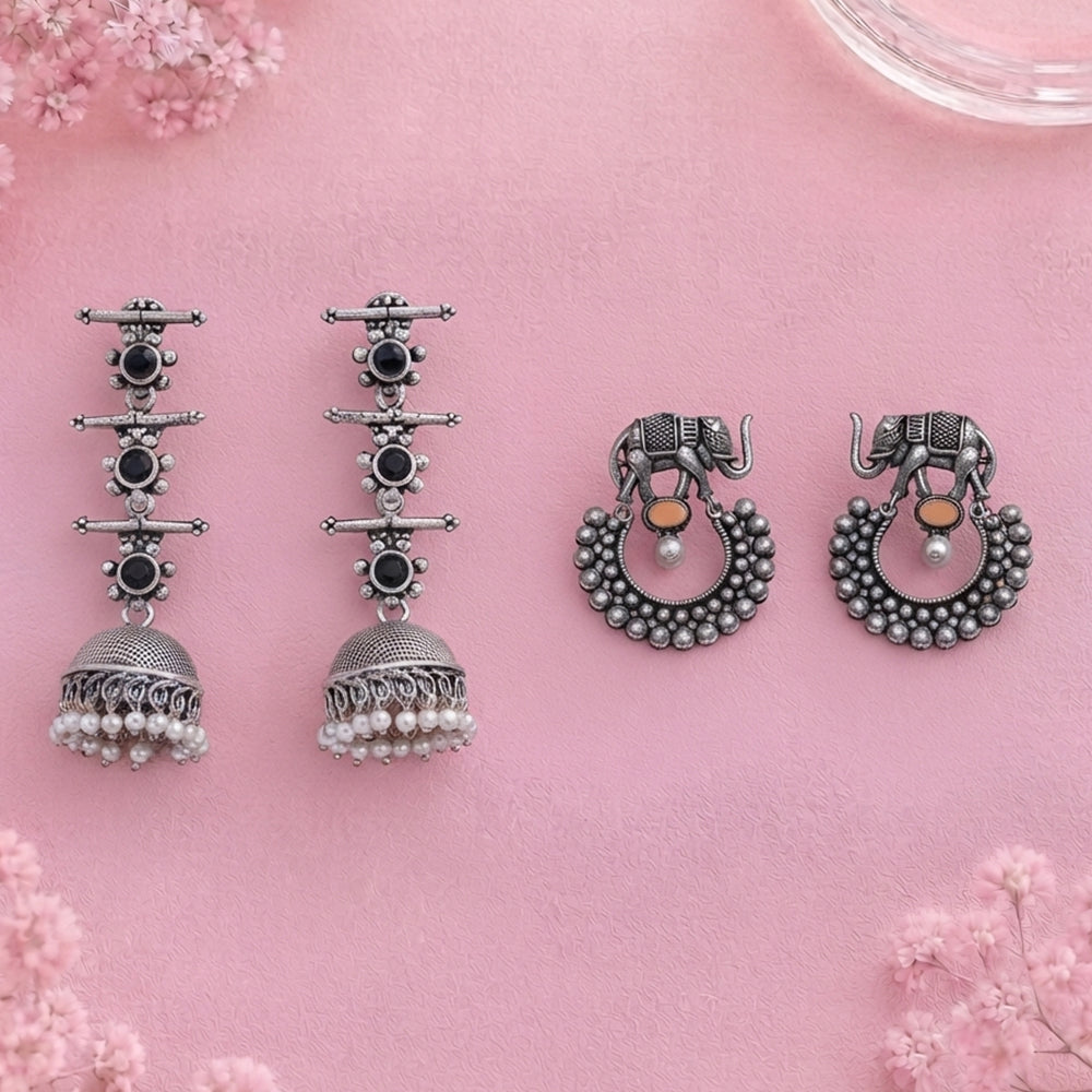 Royal Triple Bell Layered Jhumka Earring (Black) Elephant Arc dangler earrings (Light Orange) Combo set