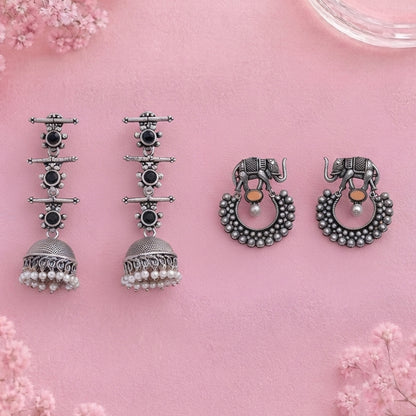 Royal Triple Bell Layered Jhumka Earring (Black) Elephant Arc dangler earrings (Light Orange) Combo set