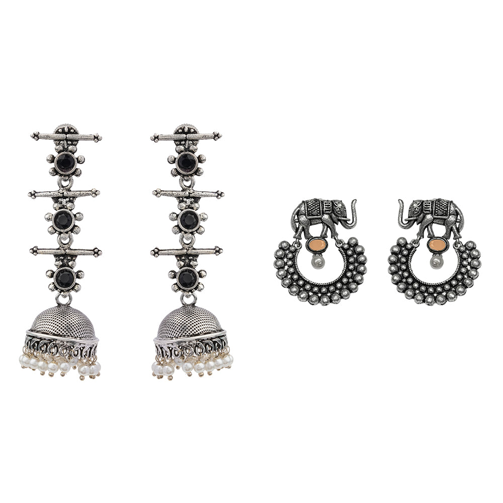 Royal Triple Bell Layered Jhumka Earring (Black) Elephant Arc dangler earrings (Light Orange) Combo set