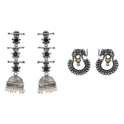 Royal Triple Bell Layered Jhumka Earring (Black) Elephant Arc dangler earrings (Light Orange) Combo set