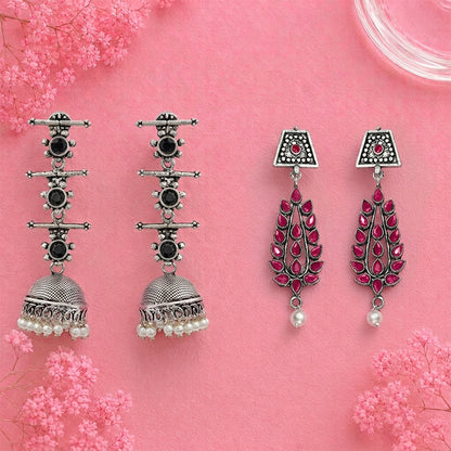 Royal Triple Bell Layered Jhumka Earring (Black) Precious Petal stone studded dangler earring (Red) Combo set