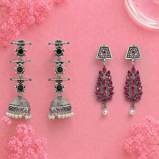 Royal Triple Bell Layered Jhumka Earring (Black) Precious Petal stone studded dangler earring (Red) Combo set
