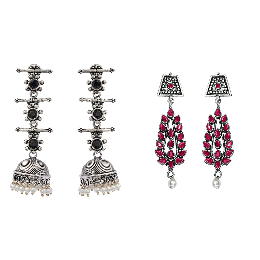 Royal Triple Bell Layered Jhumka Earring (Black) Precious Petal stone studded dangler earring (Red) Combo set