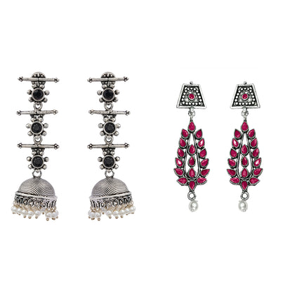 Royal Triple Bell Layered Jhumka Earring (Black) Precious Petal stone studded dangler earring (Red) Combo set
